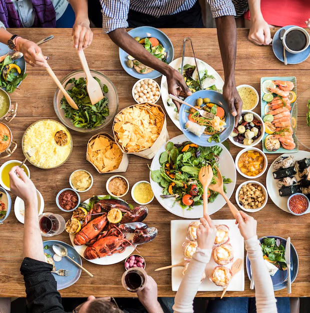 Team dinner spread on a shared table