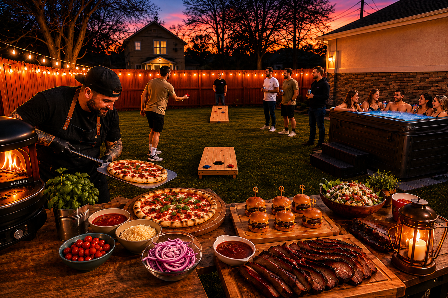 Ultimate Pizza Party menu with pizza, burgers, BBQ, brisket and colorful kitchen lighting