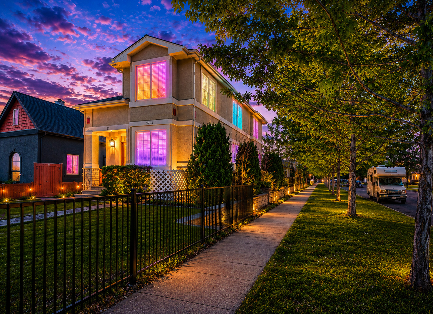 RiNo Compound exterior with colorful lighting