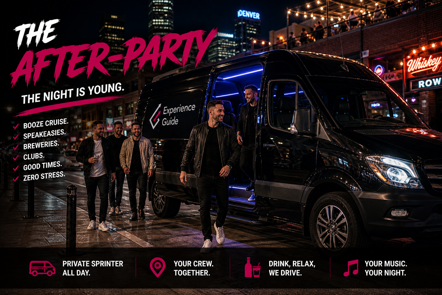 Experience Guide After-Party Sprinter Van in Denver nightlife