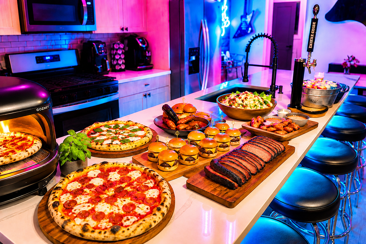 Ultimate Pizza Party backyard live food entertainment with pizza, cornhole, hot tub and string lights