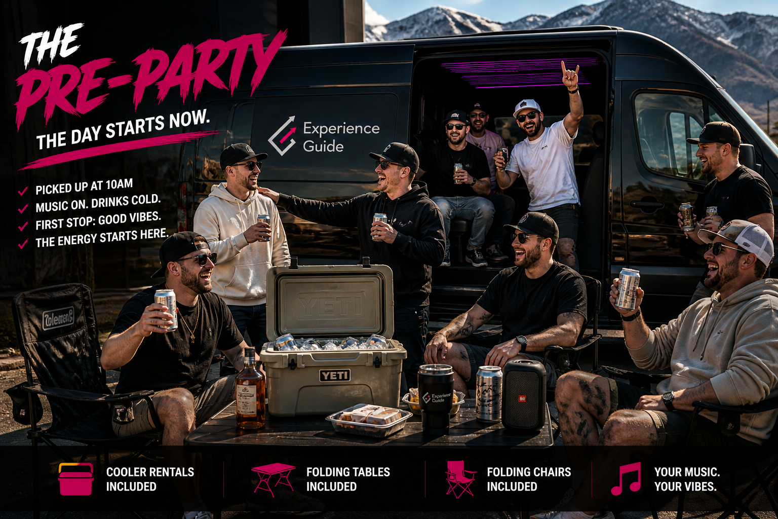 Experience Guide Pre-Party with Sprinter Van and cooler setup