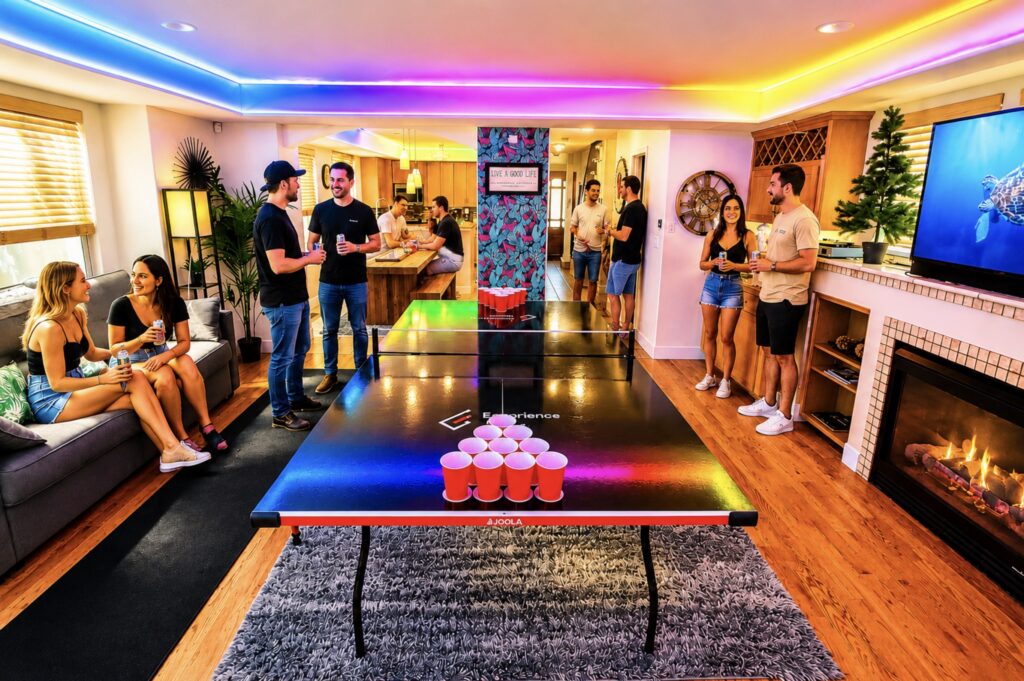 Group party with beer pong and neon lights inside an Experience Guide house in Denver