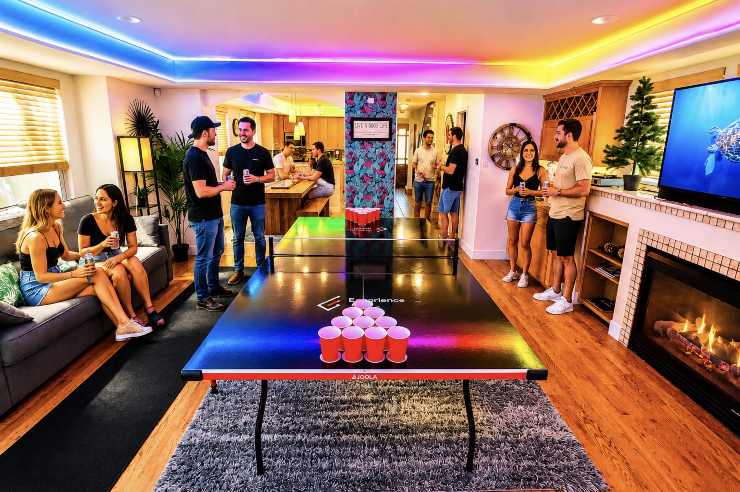 Party flow with beer pong, colorful lighting and guests hanging out at an Experience Guide property