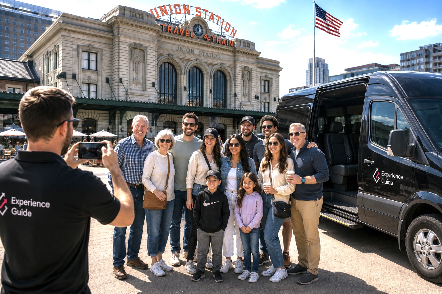 Family group photo in front of Denver Union Station with Experience Guide shuttle van and driver
