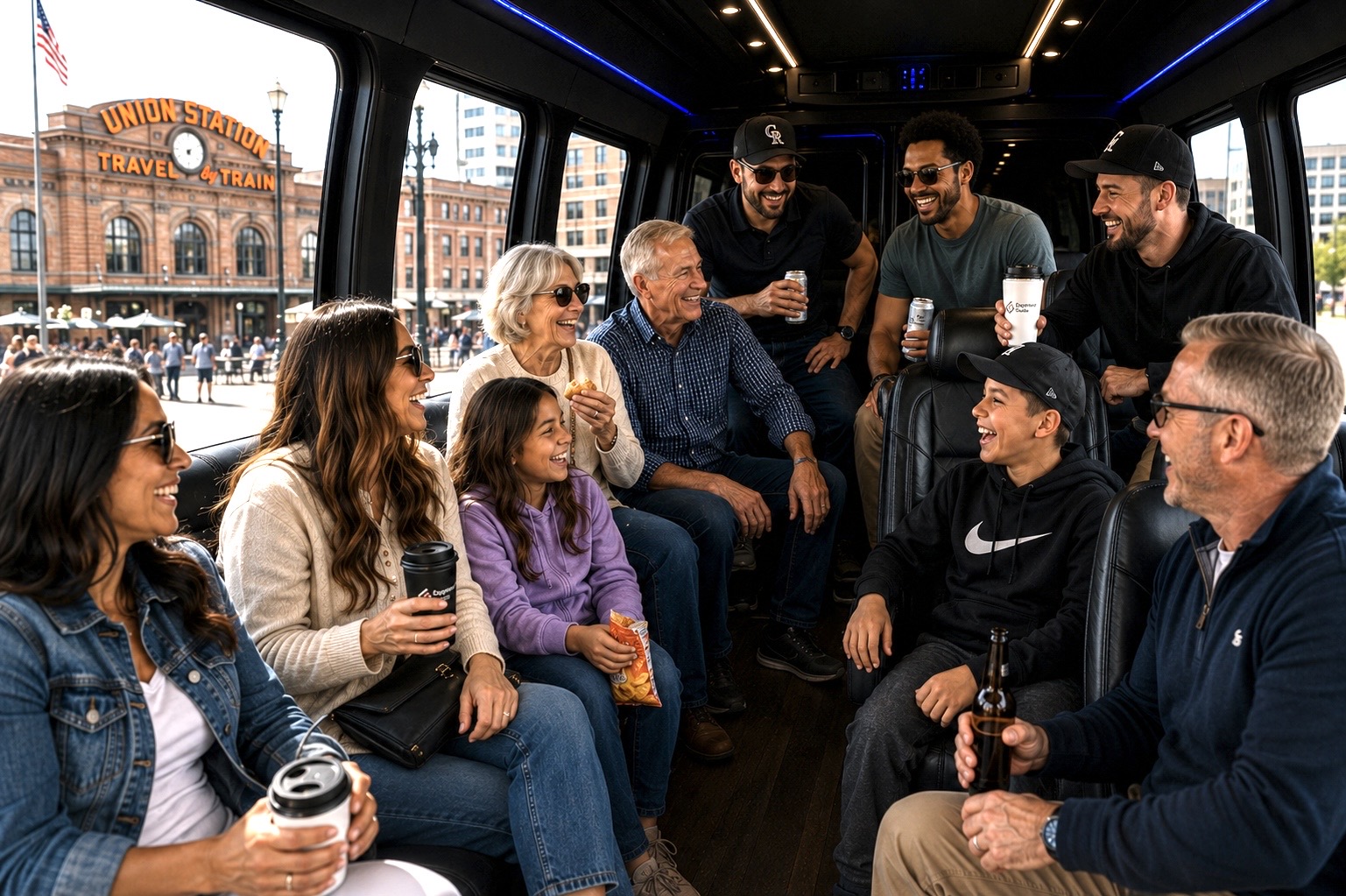 Family group enjoying drinks and conversation inside an Experience Guide Denver shuttle van