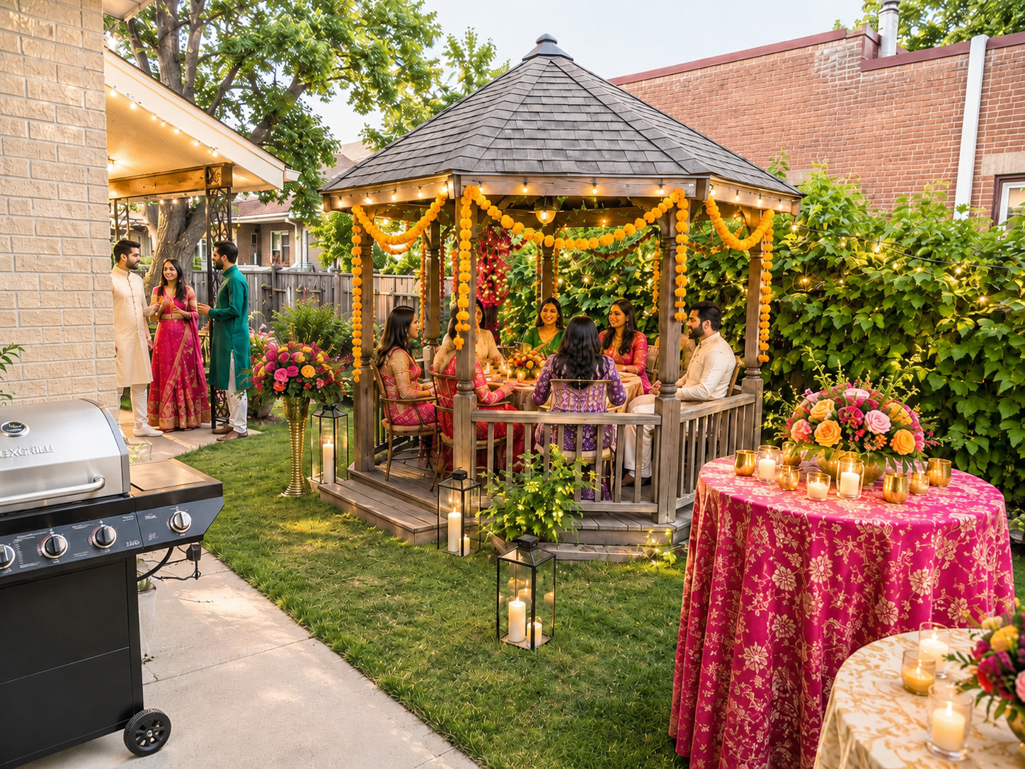 Sunnyside Compound private gazebo styled for Indian wedding weekend dinner in Denver