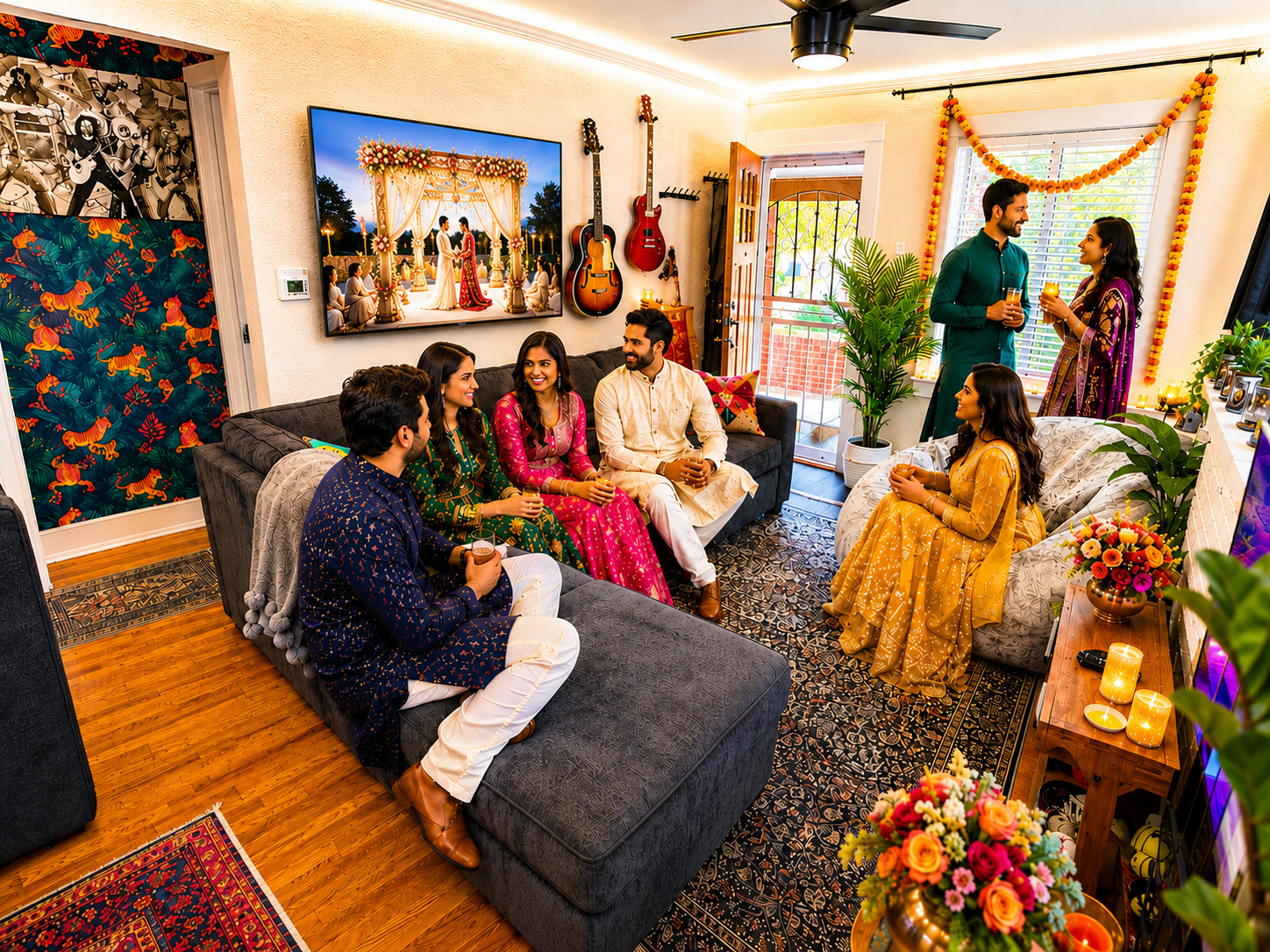 Vibe City RiNo Escape living room with Indian wedding weekend guests in Denver
