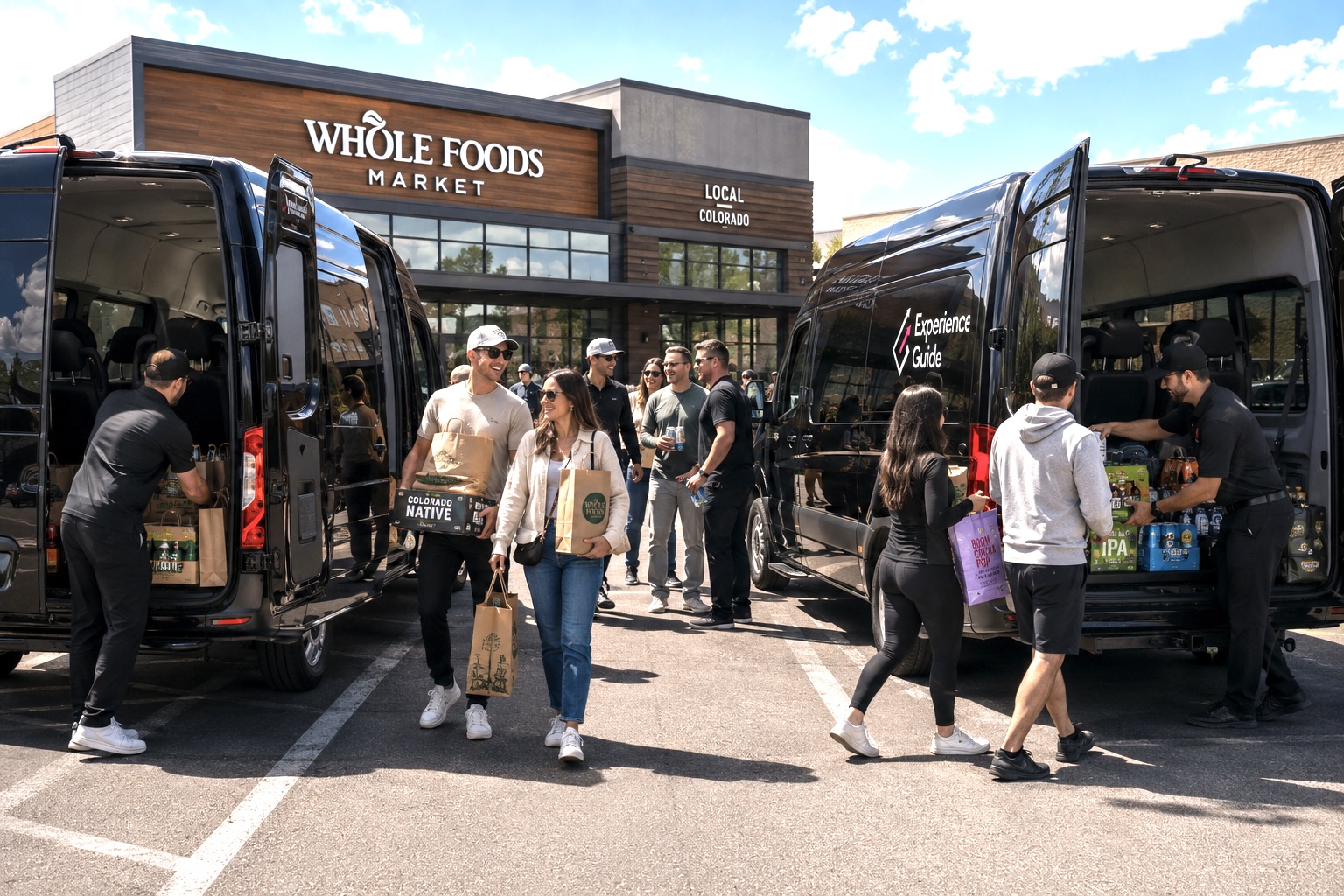 Experience Guide guests loading groceries and Colorado beer into two black shuttle vans after airport pickup