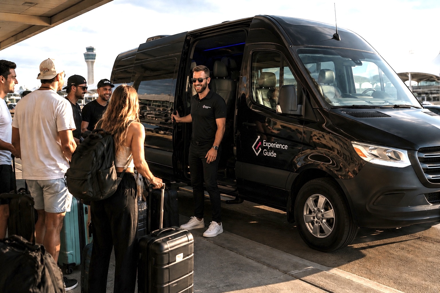 Welcome to Denver airport pickup experience with Experience Guide shuttle van greeting guests curbside
