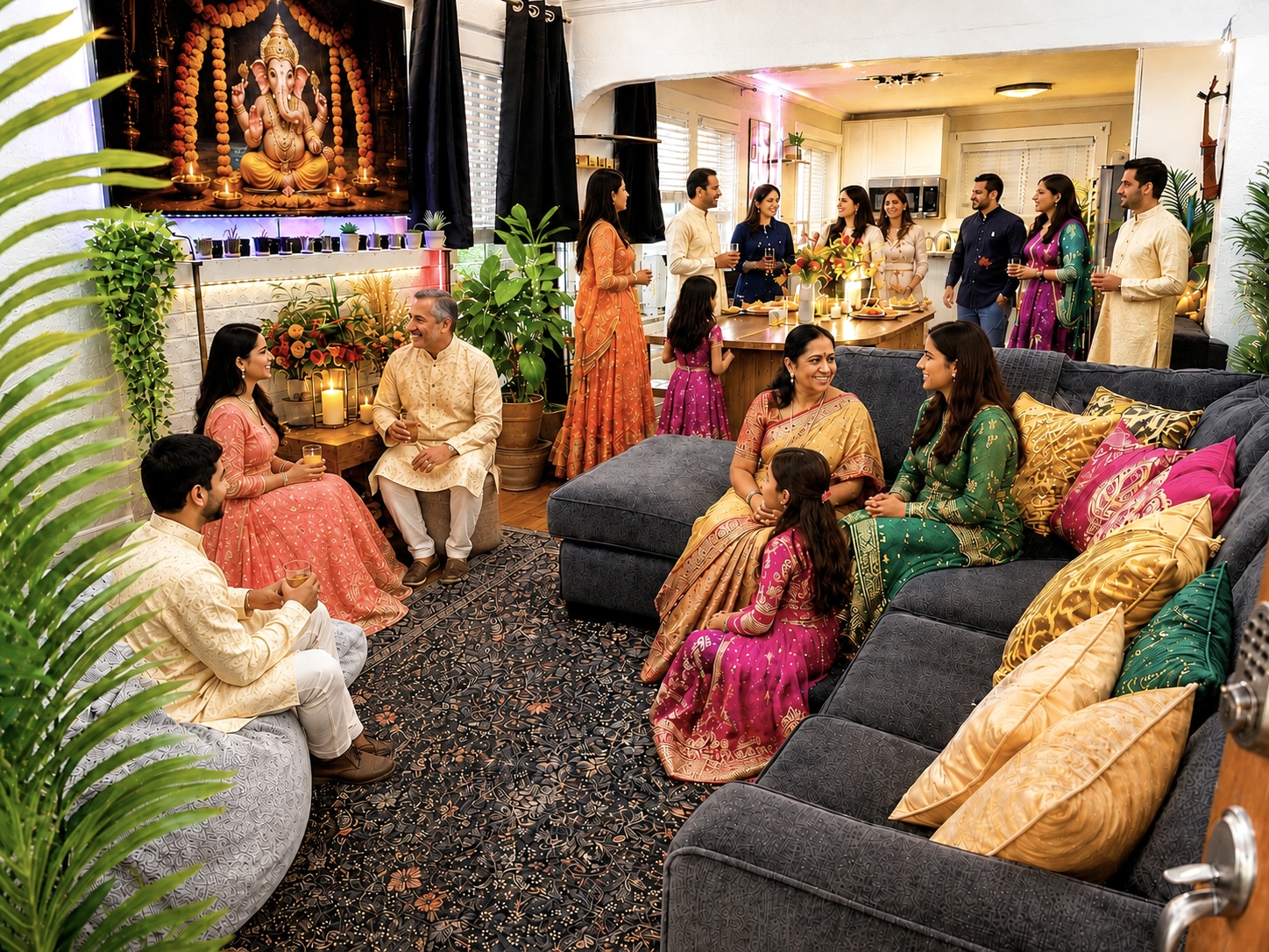 South Asian wedding weekend gathering inside Vibe City RiNo Escape living room in Denver