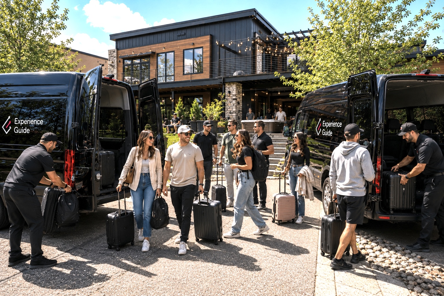 Guests departing their Denver rental property with two shuttle vans and two drivers helping load bags