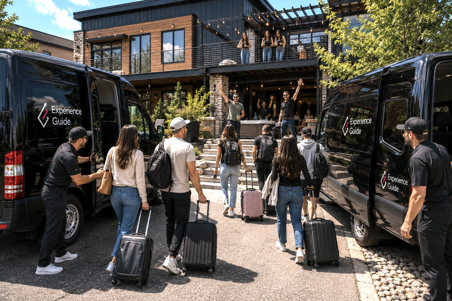 Group walking into their Denver rental property with suitcases, two Experience Guide shuttle vans, and two drivers