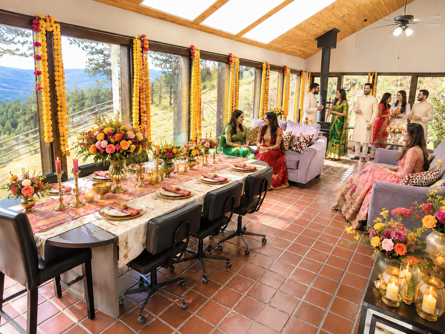 Red Rocks Artist Retreat sun room with Indian wedding family gathering near Evergreen Colorado