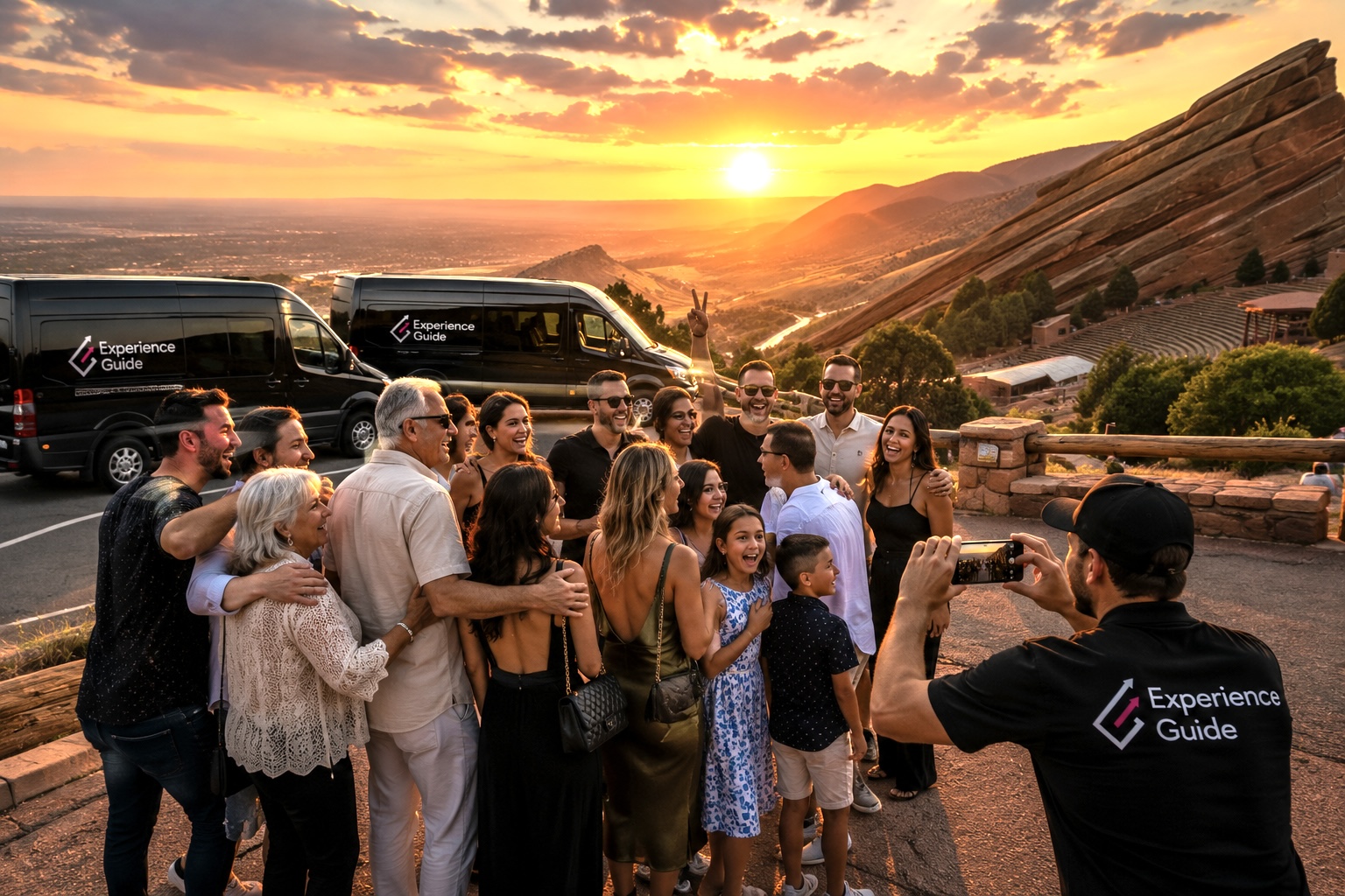 Family group at Red Rocks during golden hour with two Experience Guide shuttle vans and drivers