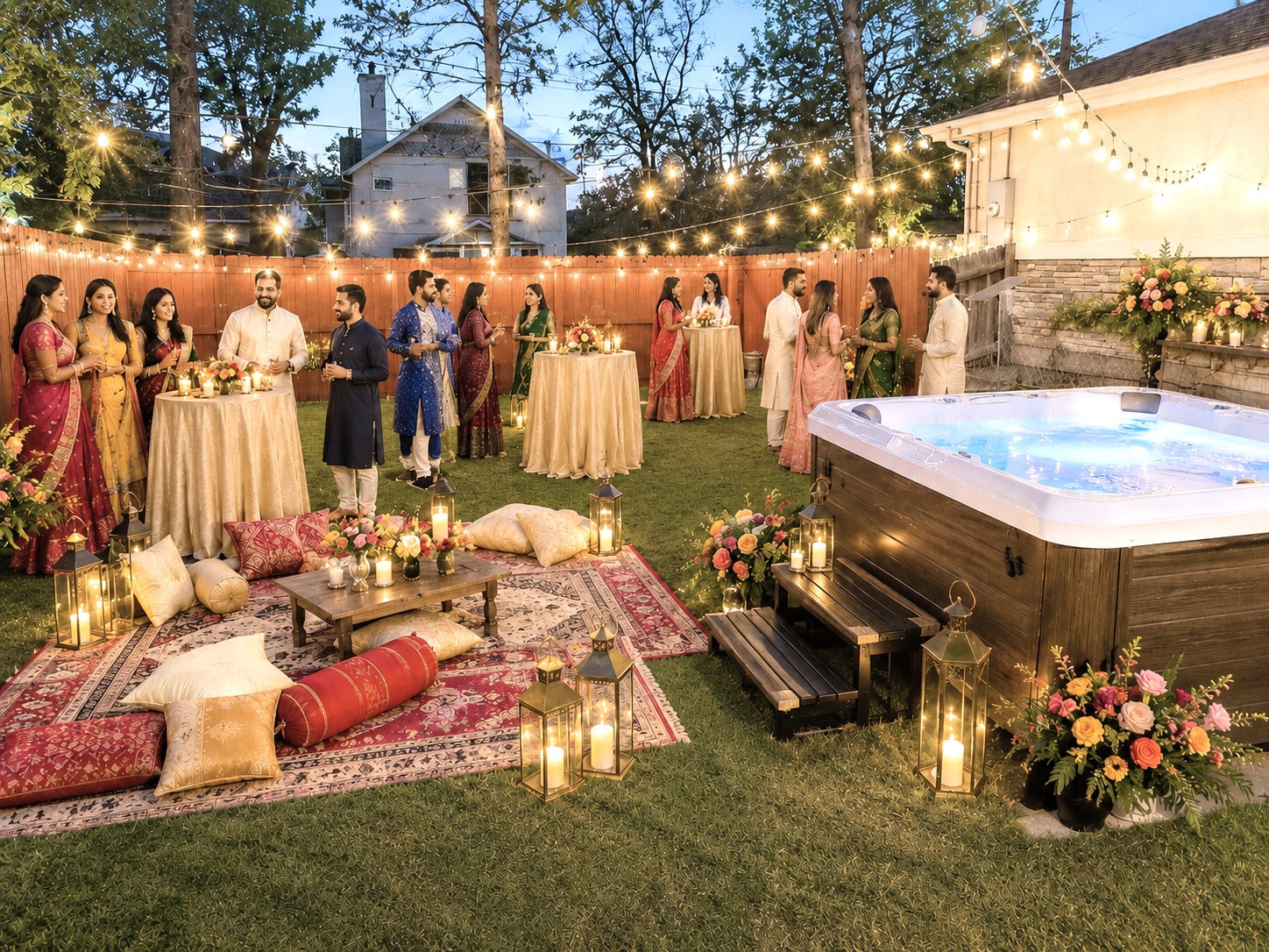 RiNo Villa private backyard decorated for an Indian wedding weekend event in Denver