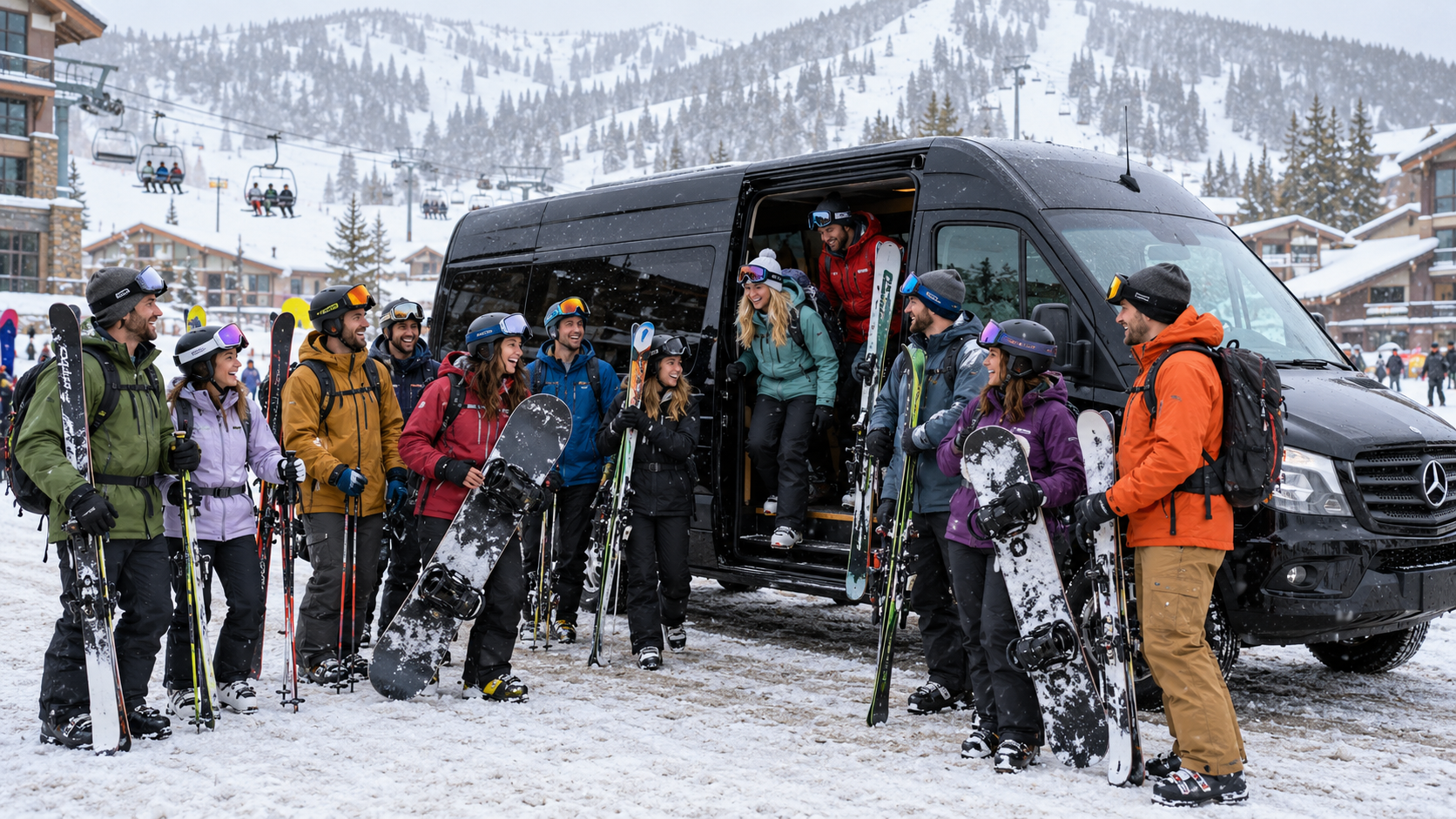 Skiers and snowboarders with a black passenger van at a snowy mountain resort
